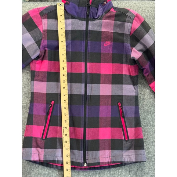 Nike Sportswear Full‎ Zip Flannel Jacket Purple Pink Plaid Hooded Women's Small - Picture 9 of 9